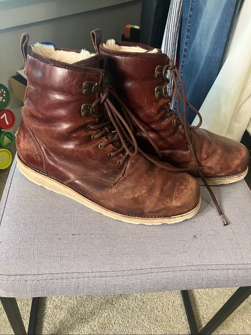 UGG Men's Chestnut Leather Lace-Up Shearling Boots